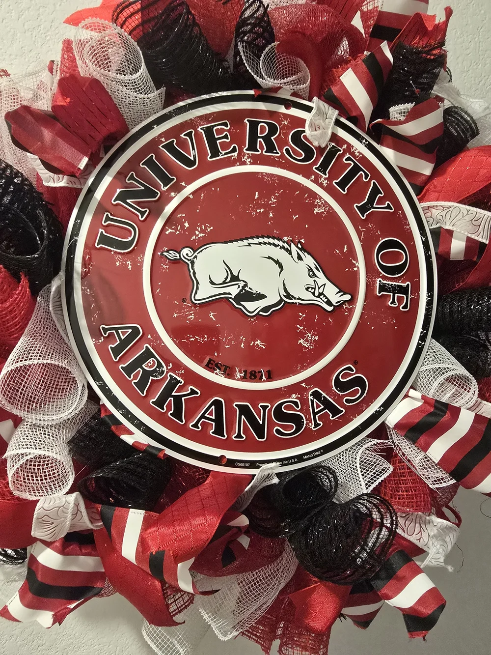 W135 Arkansas Razorbacks WPS Red & White WreathHandmade Arkansas Razorbacks
